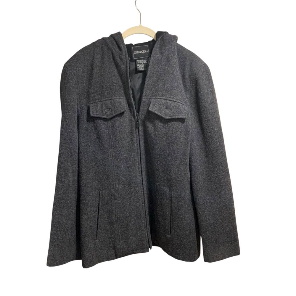 Outbrook Womens Short Hooded Charcoal Gray Wool Jacket L Winter Outdoor Zip Up